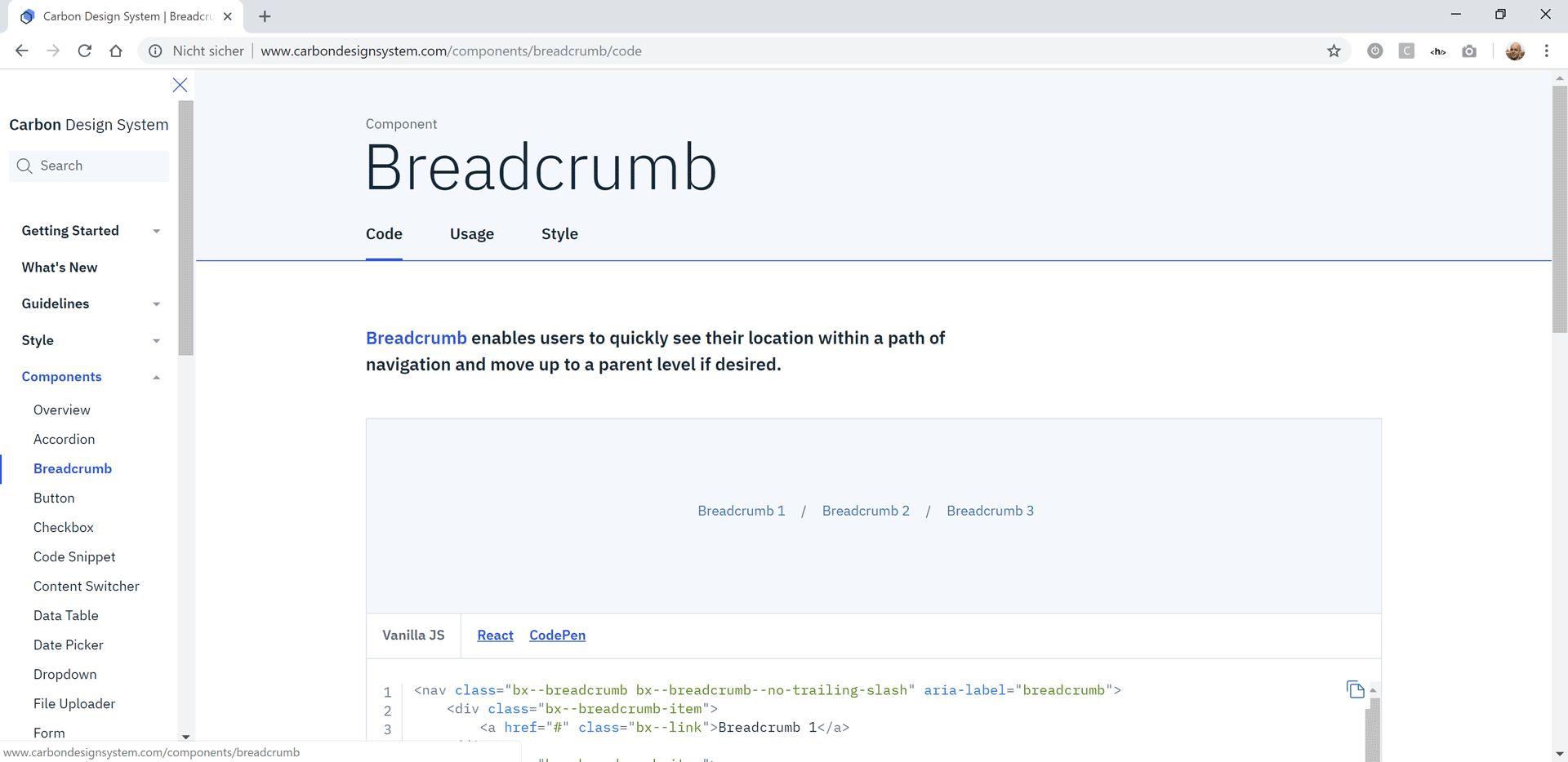 Screenshot IBM Carbon Design System