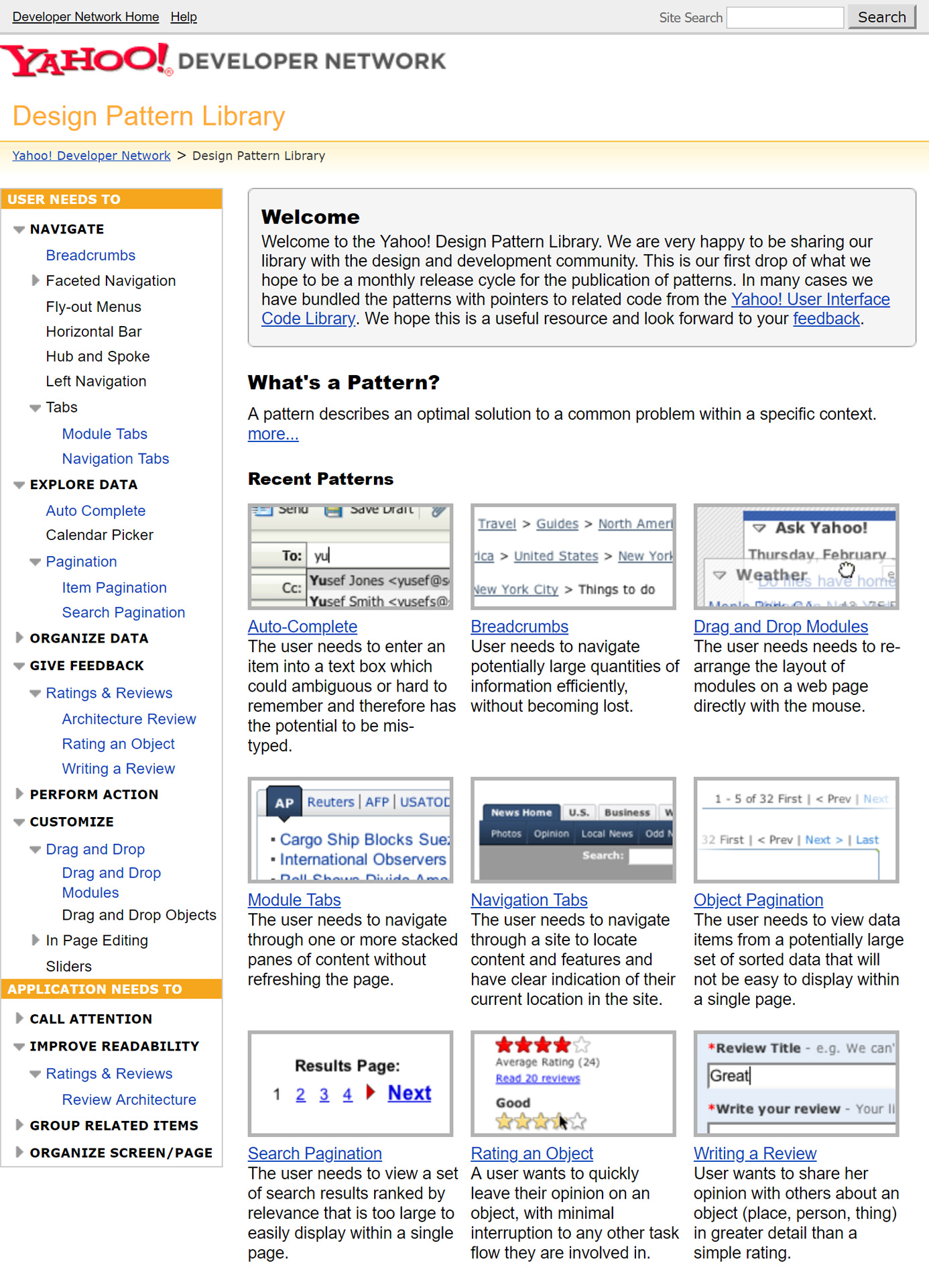 Yahoo! Design Pattern Library Homepage